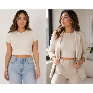 One Step Up Ribbed Crop Top L/XL Cream Neutral Short Sleeve Stretch Fitted NWT